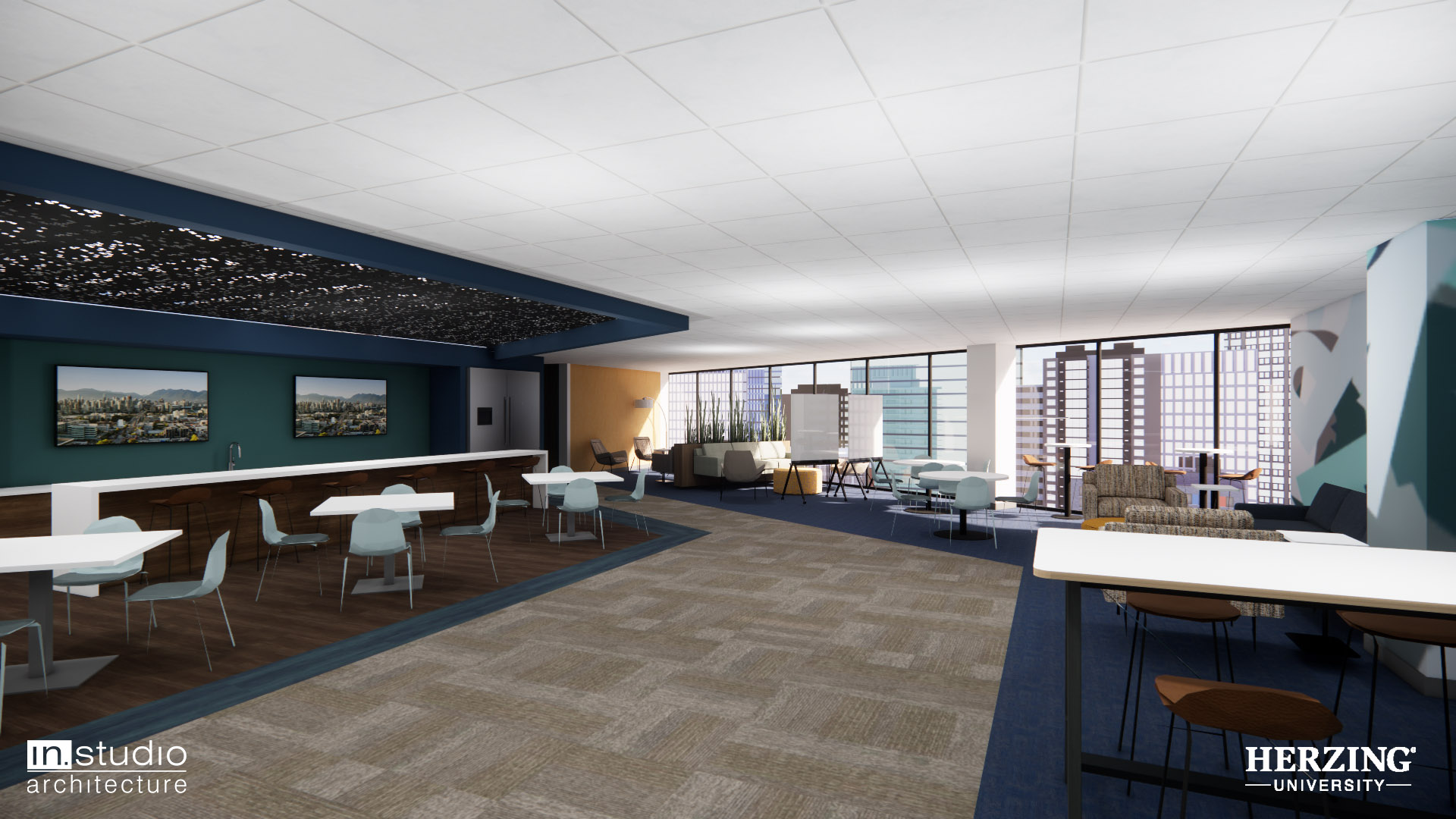 A rendering of a Herzing University common area with café tables, lounge seating, carpet floors, paintings, and city views.