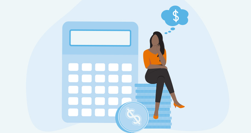 Illustration of woman sitting on a stack of textbooks calculating the cost of college