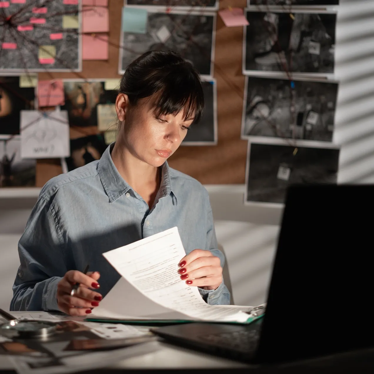 A female investigator in a denim shirt reviews case documents at her desk, with a crime investigation board covered in photos, maps, and notes pinned with red string in the background.