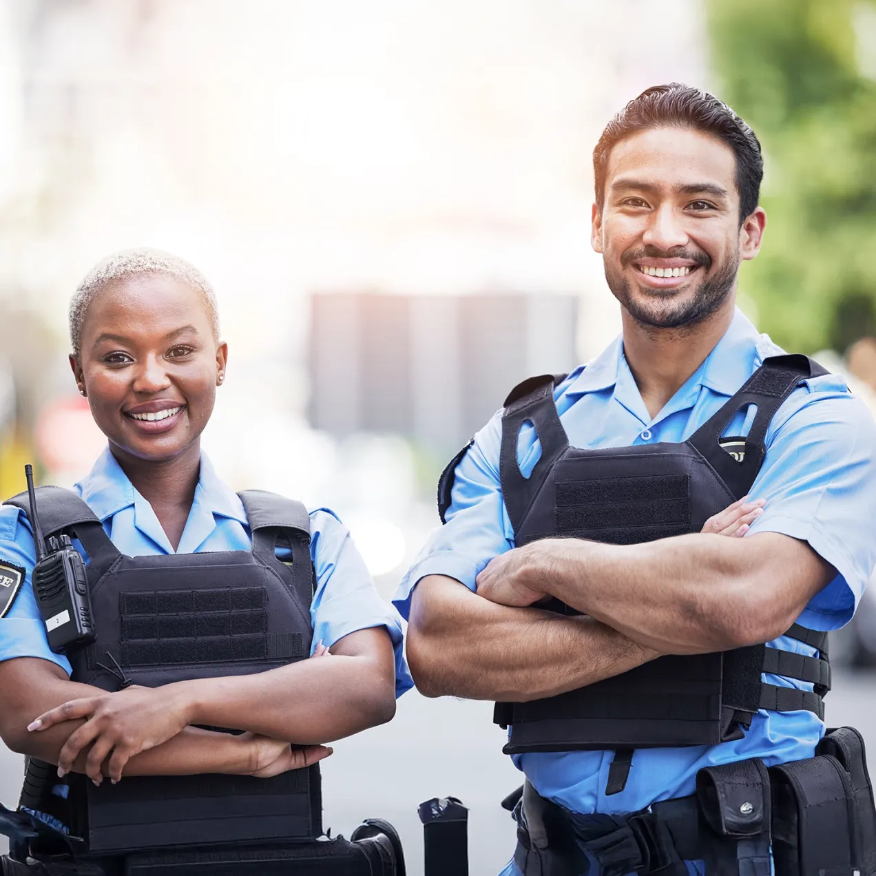 Two Herzing University criminal justice graduates in police uniforms and tactical vests stand confidently with arms crossed, ready for careers in law enforcement.