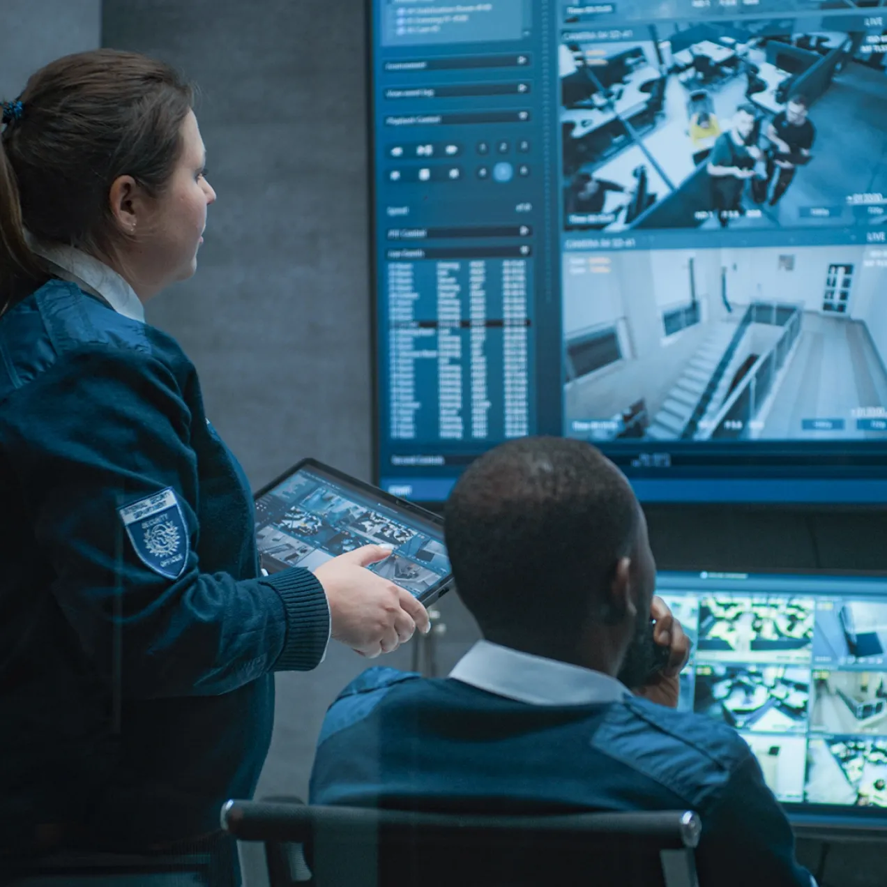 Two security professionals monitor multiple surveillance feeds in a control room, one reviewing footage on a tablet while the other speaks into a radio.