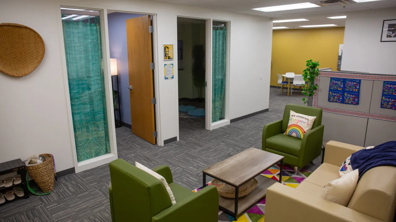 Herzing University Minneapolis student center with lounge seating, study spaces, and inclusive community atmosphere