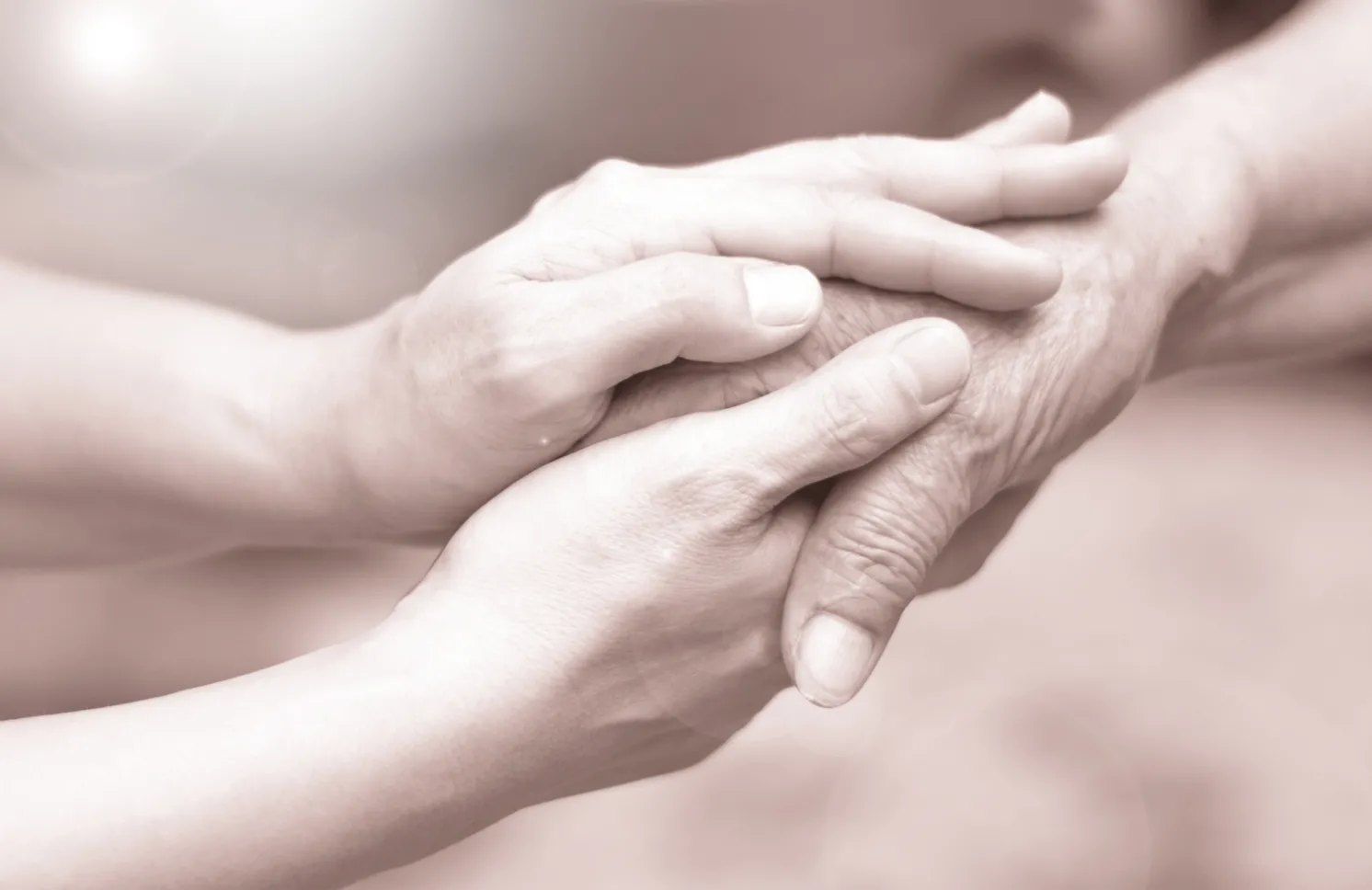 Caregiver, career hand holding elder hand in hospice care. 