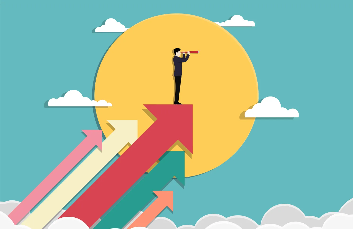 Business vision and target. Businessman holding telescope standing on arrow up go to success in career. Concept business, Achievement, Character, Leader, Vector illustration flat