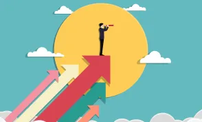 Business vision and target. Businessman holding telescope standing on arrow up go to success in career. Concept business, Achievement, Character, Leader, Vector illustration flat