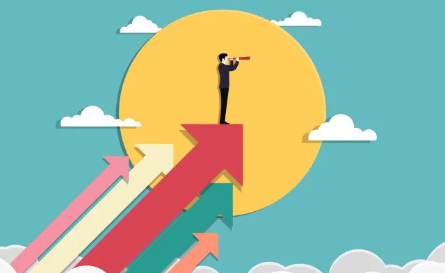 Business vision and target. Businessman holding telescope standing on arrow up go to success in career. Concept business, Achievement, Character, Leader, Vector illustration flat