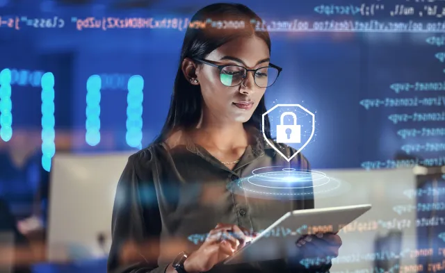 Lock hologram, tablet and woman with data analysis safety, software overlay and cyber security coding at night. Html, script and indian person reading with digital technology and networking research