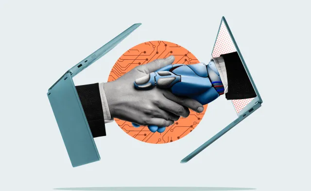 Handshake of man and robot. Modern technologies. Art collage.