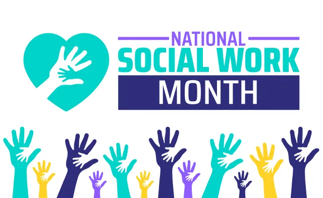 National Social Work Month background banner or poster design template with man hand. observed every year in March.