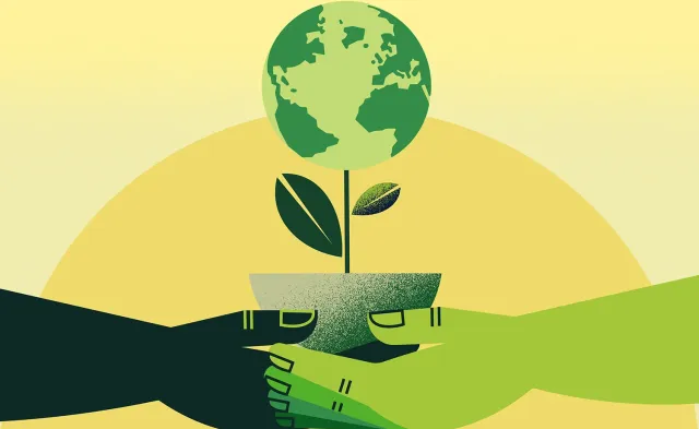 Illustration of two hands holding a small potted plant shaped like the Earth, with green leaves growing from the stem against a yellow sun-like background.
