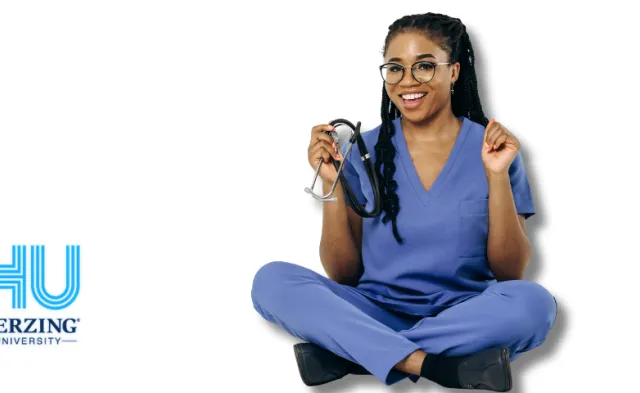 Smiling Woman sitting on ground with stethescope