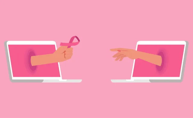 breast cancer awareness support concept, human hand giving pink ribbon to other hand via online on laptop screen, vector illustration