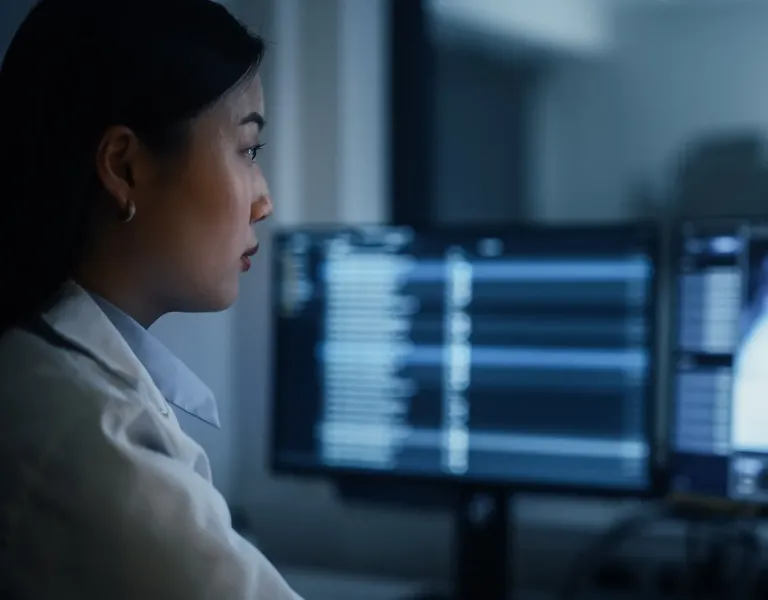 An Orlando radiologic technologist closely examines medical imaging scans on dual computer monitors in a dimly lit diagnostic lab.