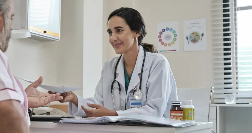A female healthcare provider in a white coat and stethoscope smiles warmly while handing a paper to an older male patient during a consultation in a medical office