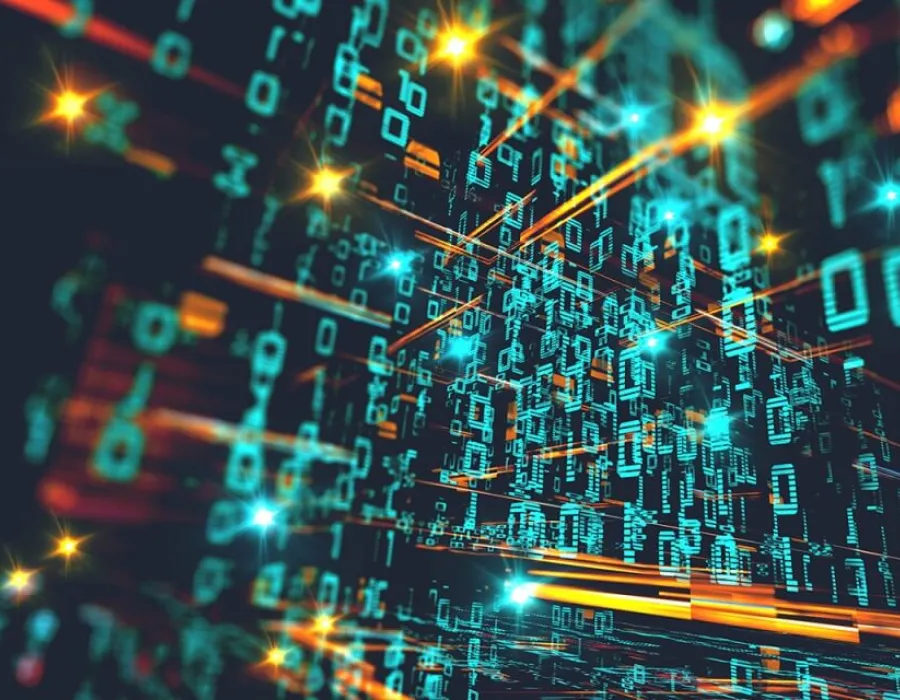 Graphical representation of a computer system with symbols and binary code