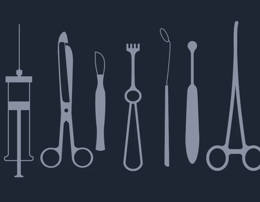 Graphic of several different types of surgical instruments laid out evenly on a tray