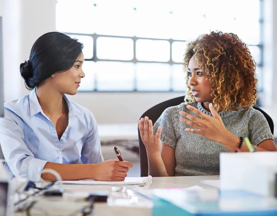 Project manager discussing details with team member in well lit office environment