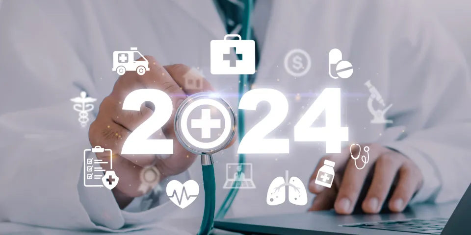 Doctor holding end of stethoscope with 2024 superimposed on top