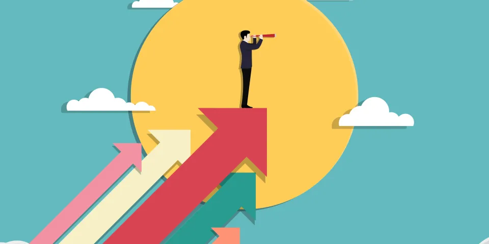 Business vision and target. Businessman holding telescope standing on arrow up go to success in career. Concept business, Achievement, Character, Leader, Vector illustration flat