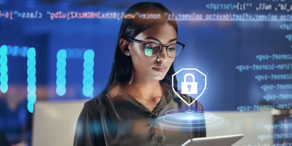 Lock hologram, tablet and woman with data analysis safety, software overlay and cyber security coding at night. Html, script and indian person reading with digital technology and networking research