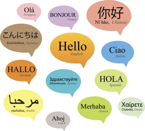 Bubbles containing the expression hello in several different languages