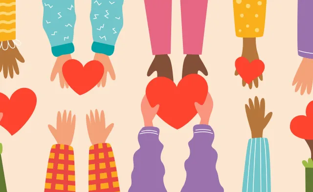 People give each other hearts. Concept of charity and donation, volunteering.